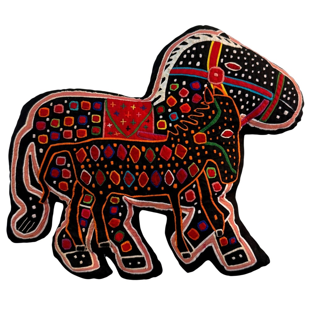 Vintage Mola Horse Pillow Handmade Folk Art Boho Horse Textile Decor 14x12